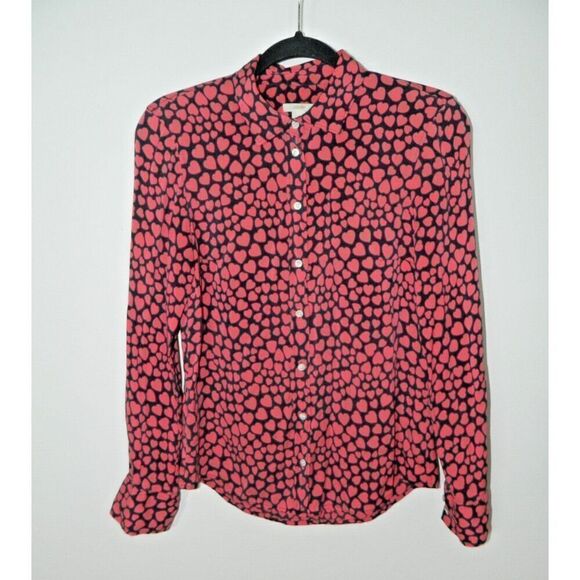 J. Crew Blouse Size 0 Silk Black Pink Button Front Pink Heart Print - Picture 8 of 9